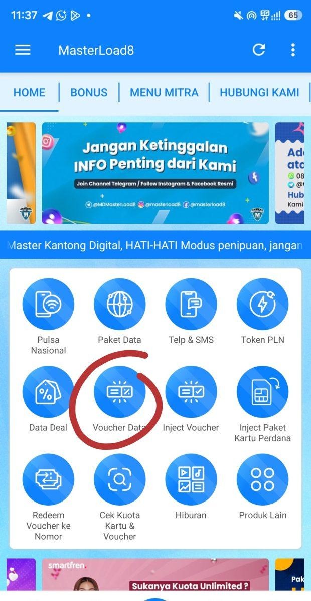 Menu Voucher Data di aplikasi Masterload8