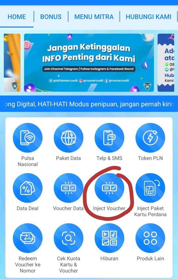 Menu Inject Voucher di aplikasi Masterload8 Menu Inject Voucher di aplikasi Masterload8