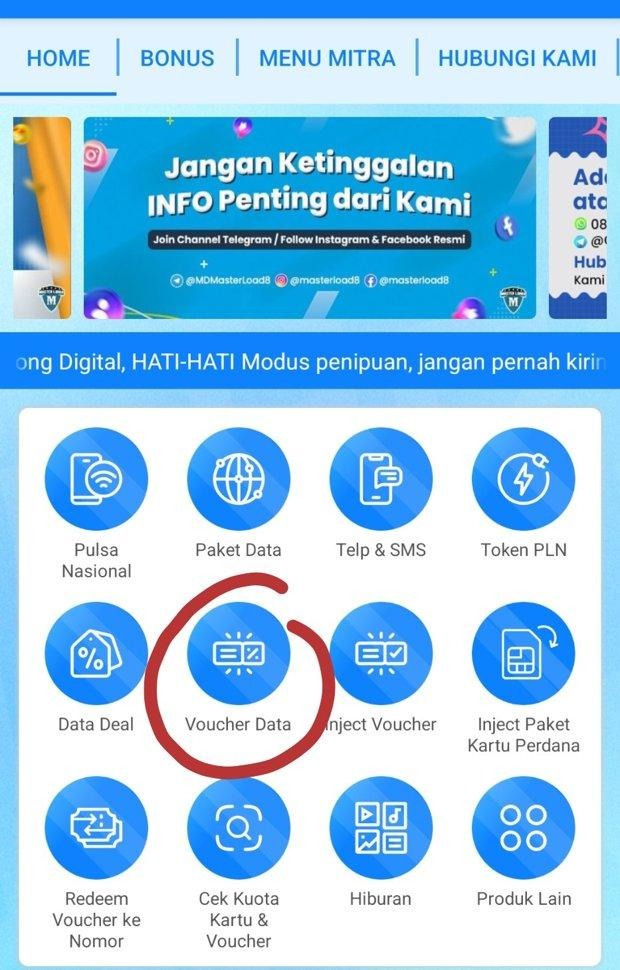 Menu Voucher Data di aplikasi Masterload8 Menu Voucher Data di aplikasi Masterload8