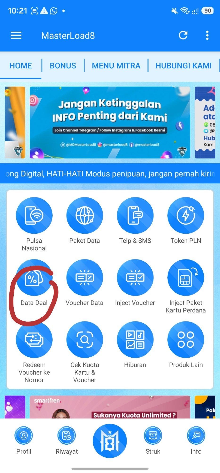 Menu Data Deal di halaman Home aplikasi MasterLoad8
