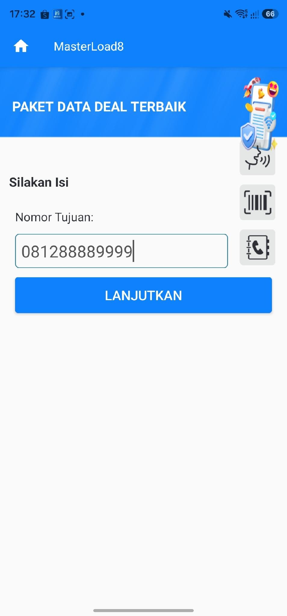 Isi nomor Telkomsel pelanggan lalu klik Lanjutkan