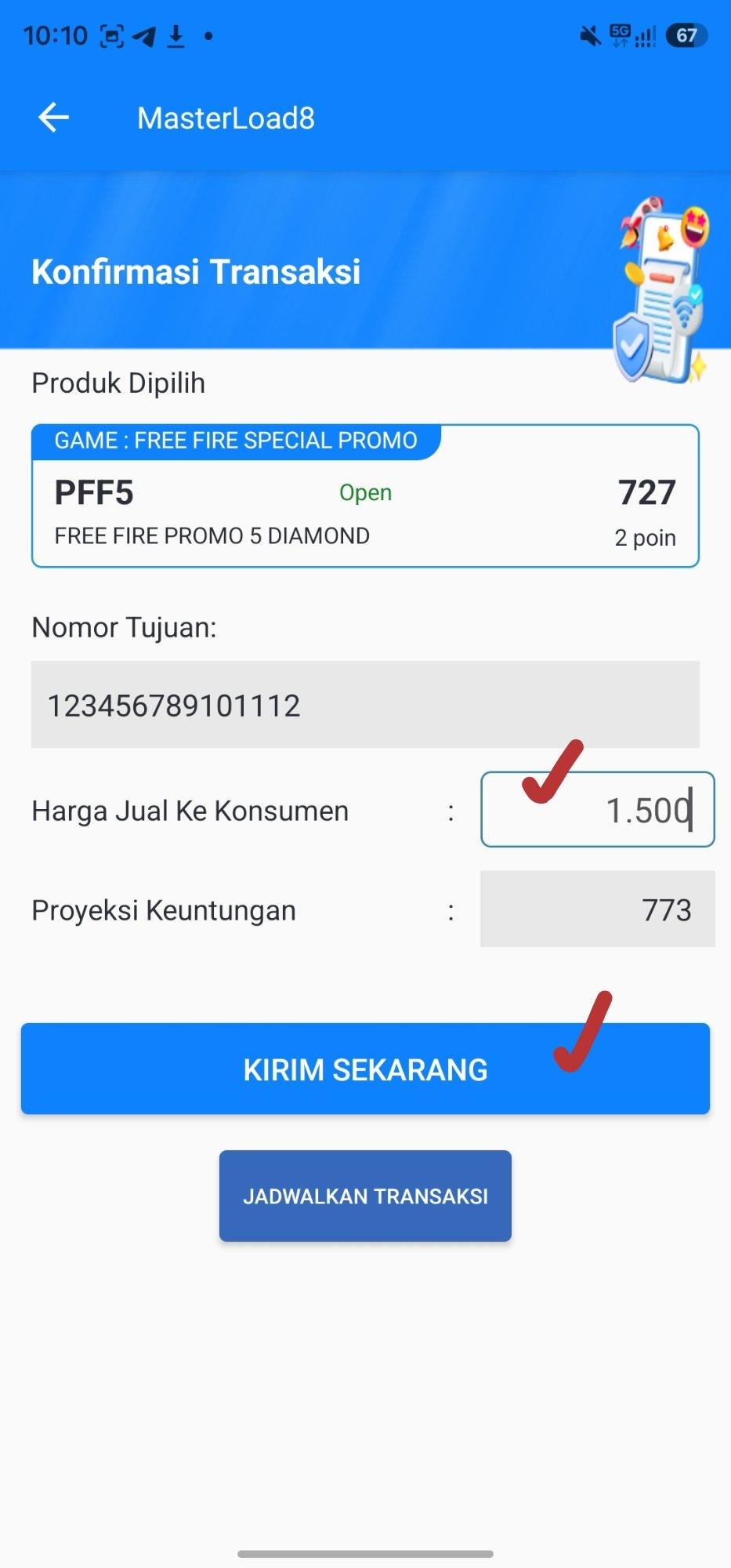 Atur harga jual ke konsumen, cek proyeksi keuntungan, lalu Kirim Sekarang