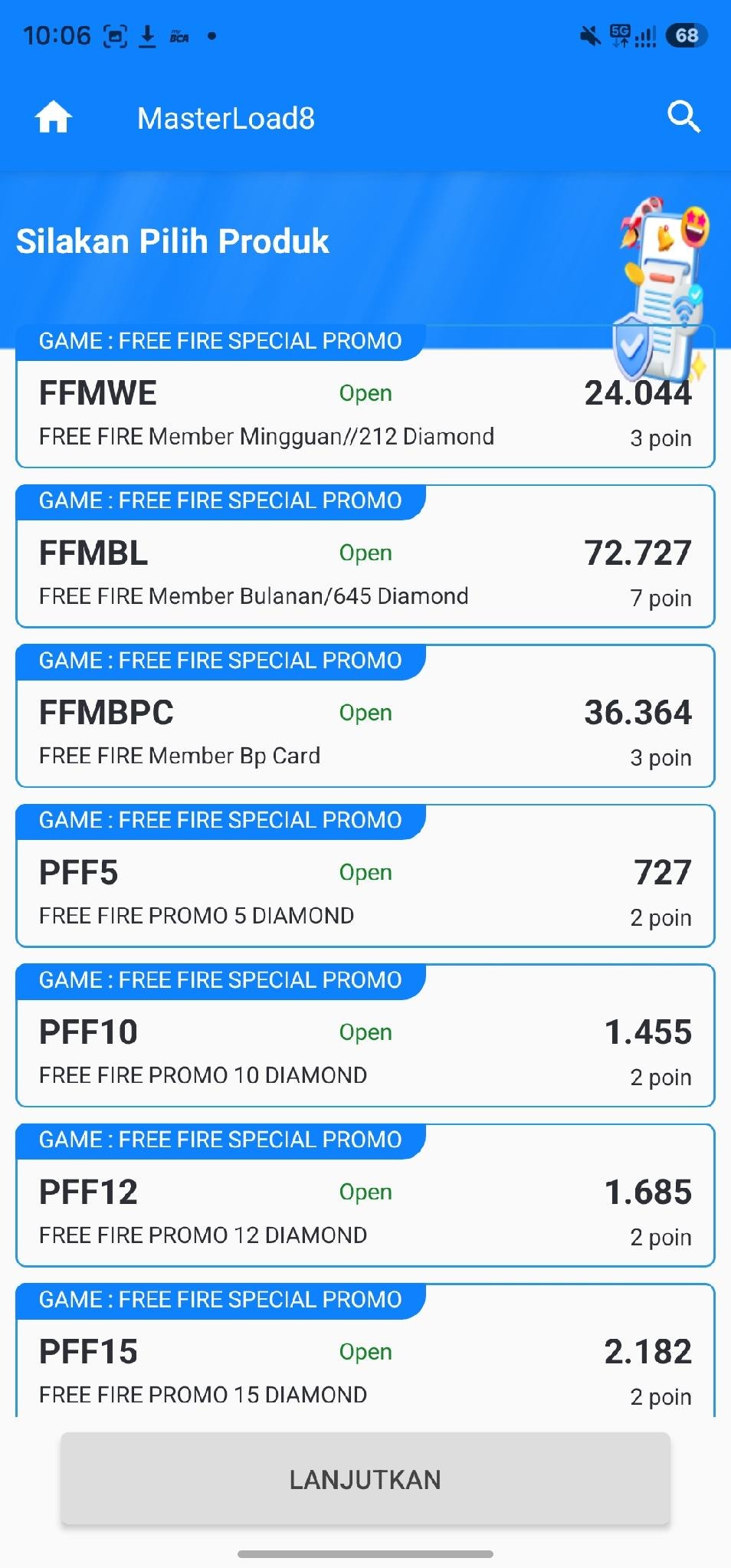 Pilih nominal diamond atau paket member