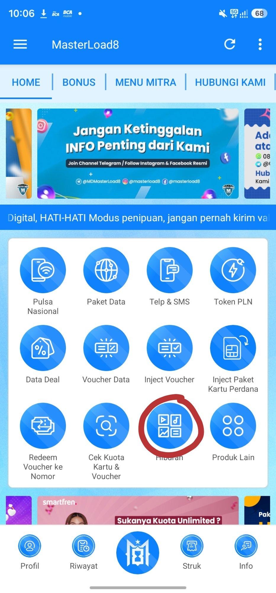 Menu Hiburan di halaman Home MasterLoad8